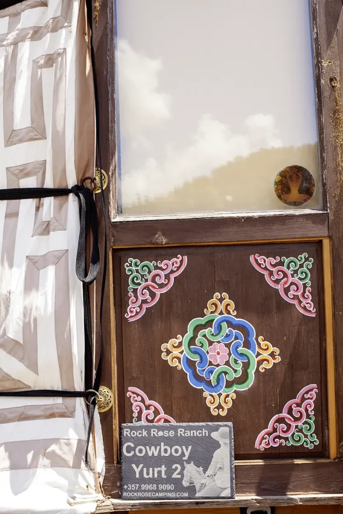 Door of Mongolian yurt at Rock Rose Ranch western trail riding in Cyprus